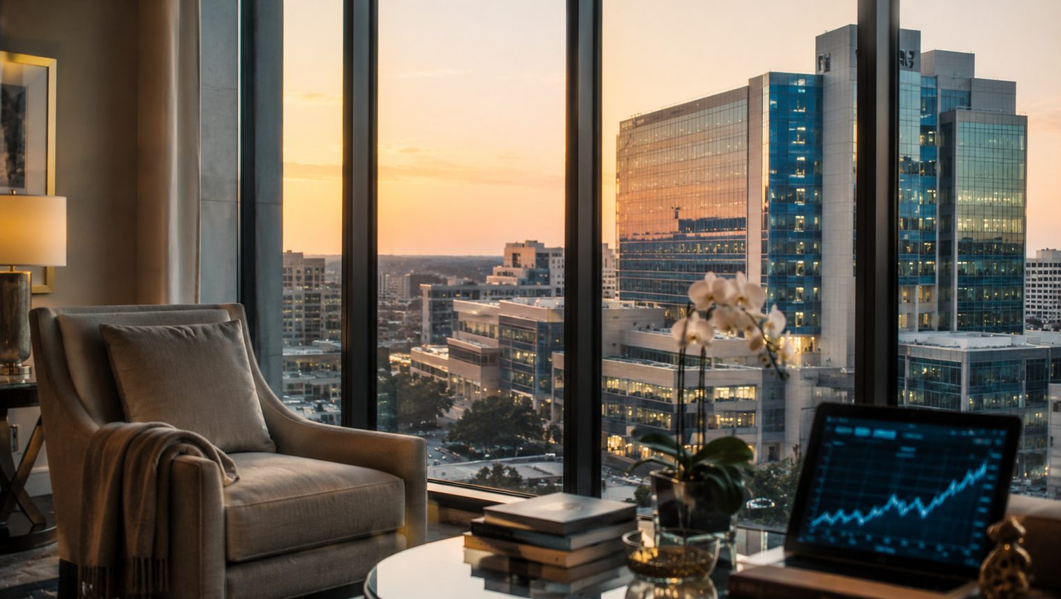 A high-rise apartment living room at sunset, an armchair by floor-to-ceiling windows and a tablet showing a market chart on the table.