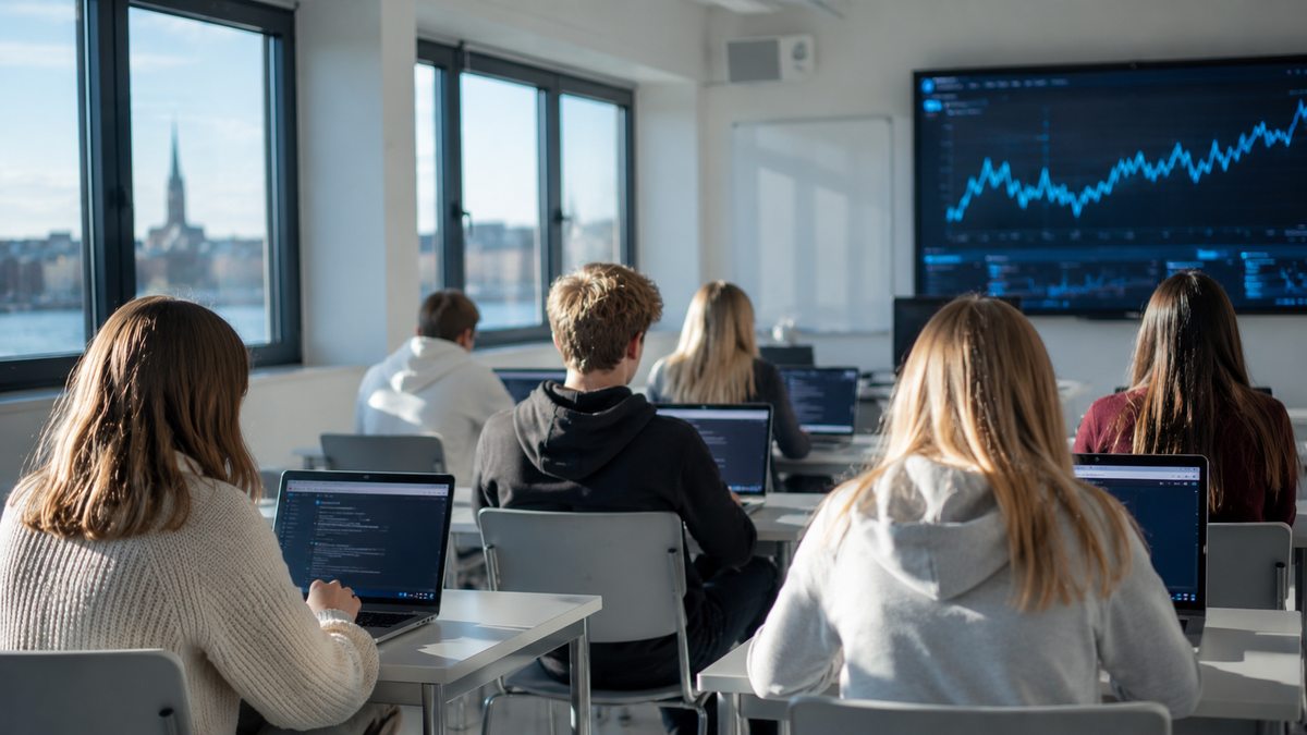 Students working on laptops in a bright classroom overlooking the water, a chart on the wall screen.