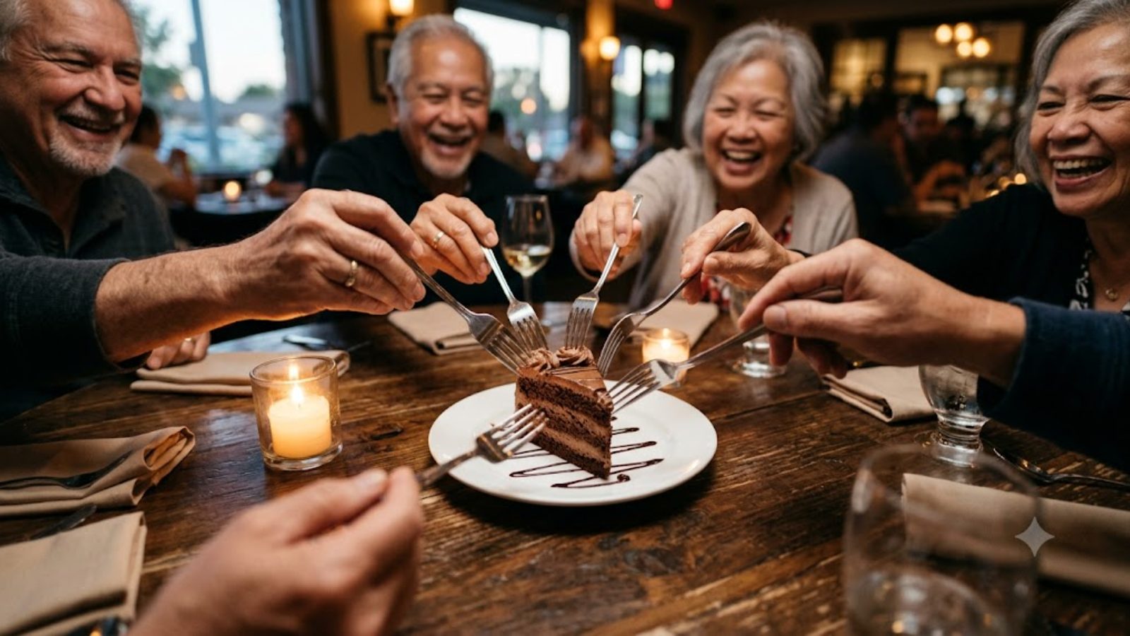 Four friends laughing around a restaurant table, all reaching in with forks to share one slice of chocolate cake.