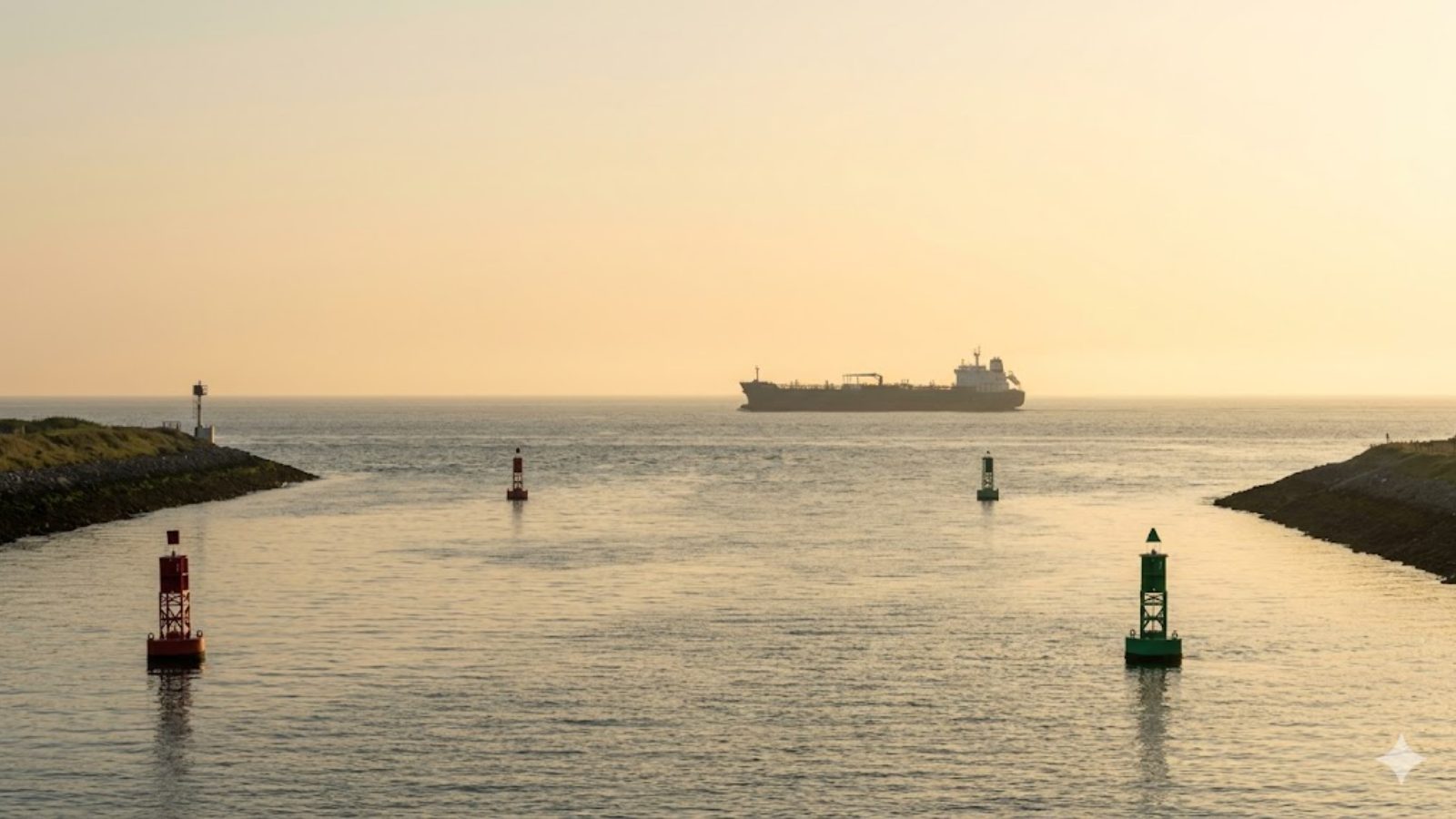 A tanker leaving a harbor at sunrise past channel buoys and a breakwater.