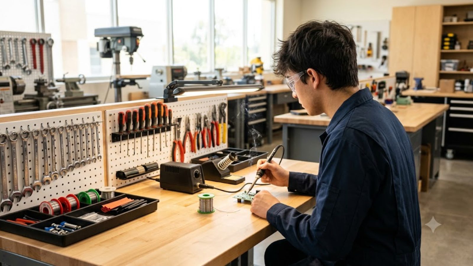 A young man in safety glasses soldering at a workbench in a training shop lined with tools.