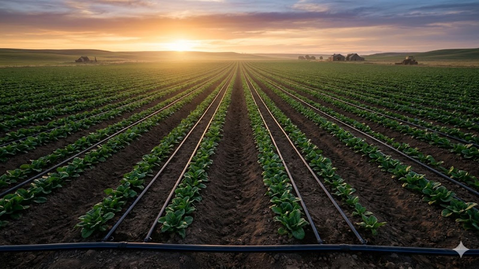 Long rows of young crops under drip lines stretching toward a farmhouse at sunrise.