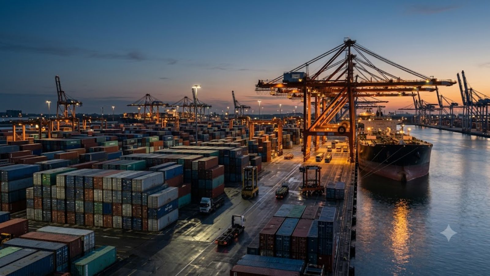 A container port at dusk, cranes working above stacked boxes and a ship at the berth.
