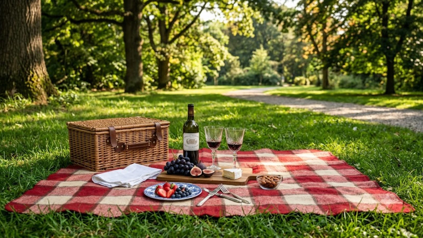 A picnic in a park: a wicker basket, a bottle of wine and two glasses on a red-checked blanket with fruit and cheese.
