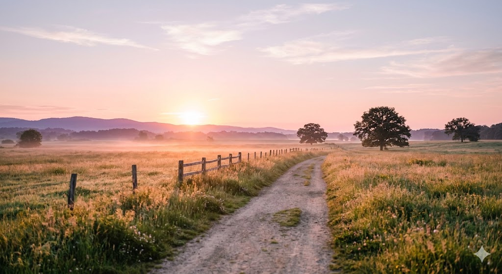A dirt path through a green meadow toward the sunrise, a lone tree at the bend.