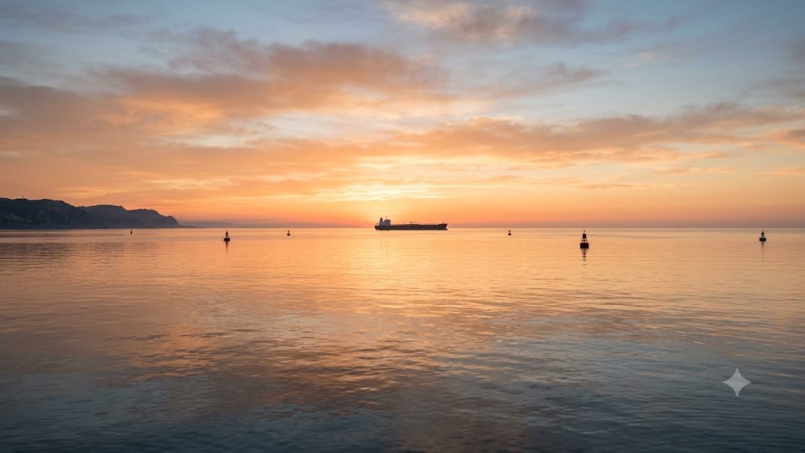 A tanker on a calm sea at sunset, buoys across the channel and a headland in the distance.