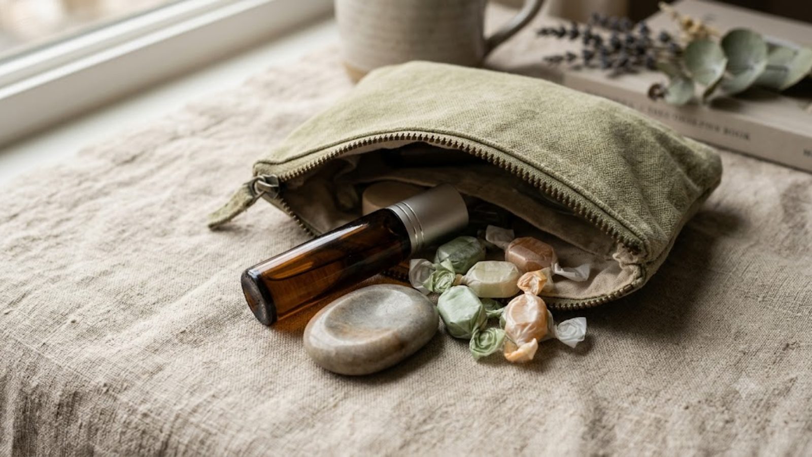 A linen cosmetics pouch spilling a dropper bottle, a smooth stone and wrapped samples onto a folded cloth by a window.