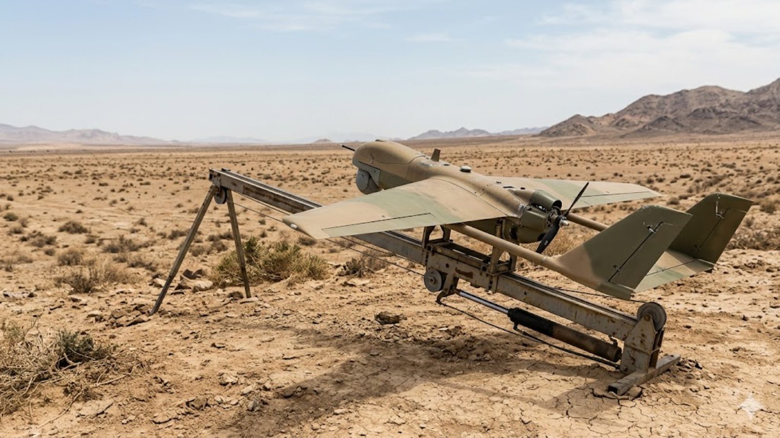 A small fixed-wing military drone on a launch rail in the desert.