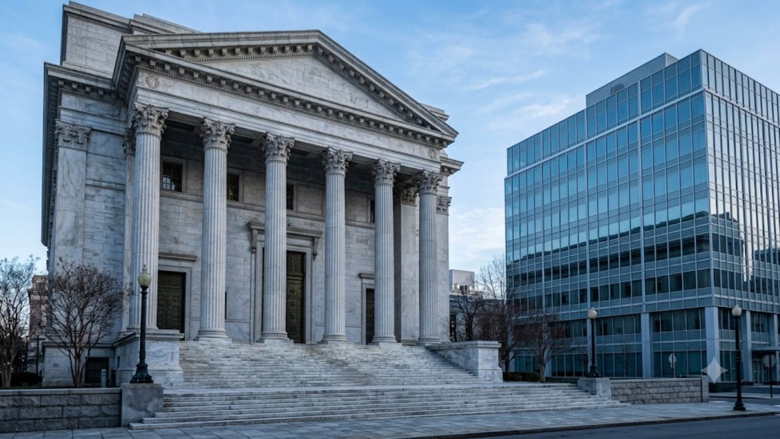 A marble neoclassical building with tall columns beside a modern glass office tower.