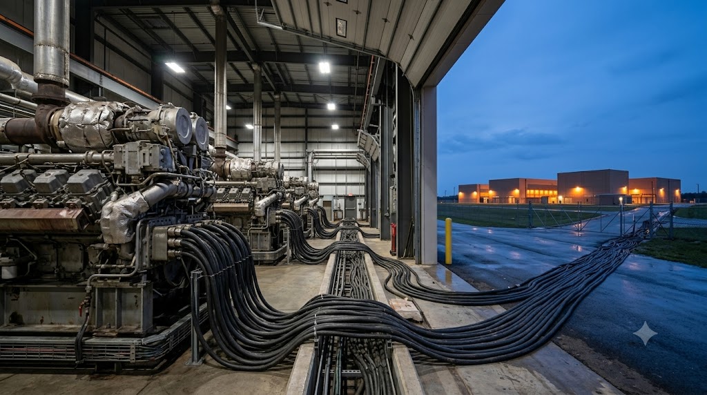 A data-center campus drawing off-grid power at dusk.