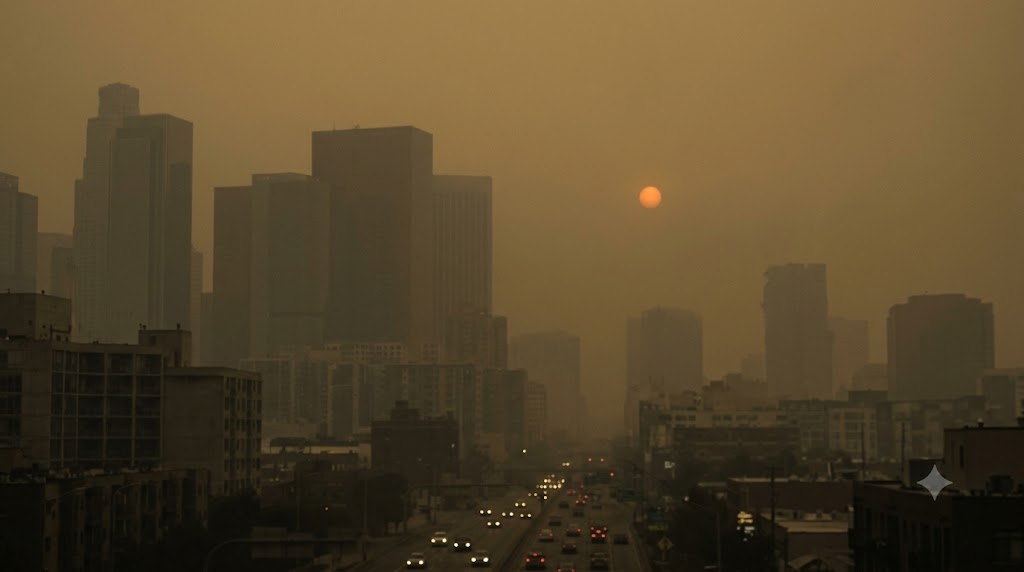 A city skyline drowned in wildfire haze, the sun a dim orange coin