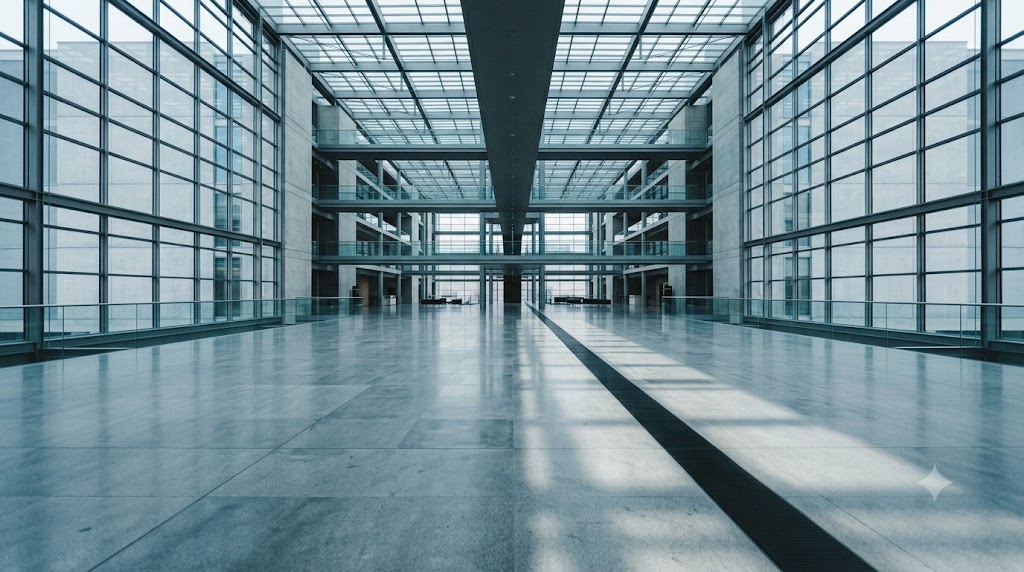 An empty glass corridor inside a corporate headquarters