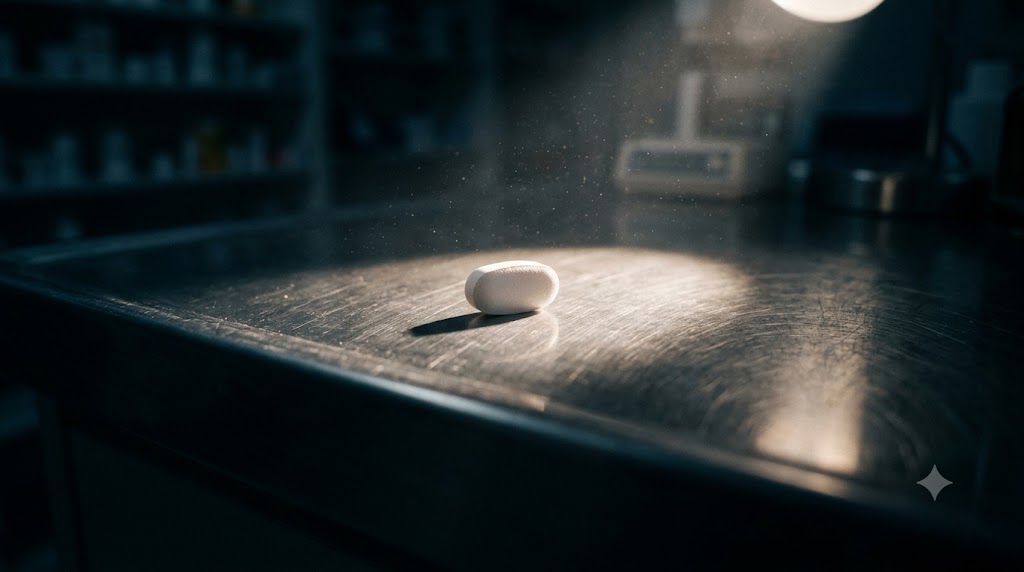 A single white pill on a dark counter, lit like a specimen