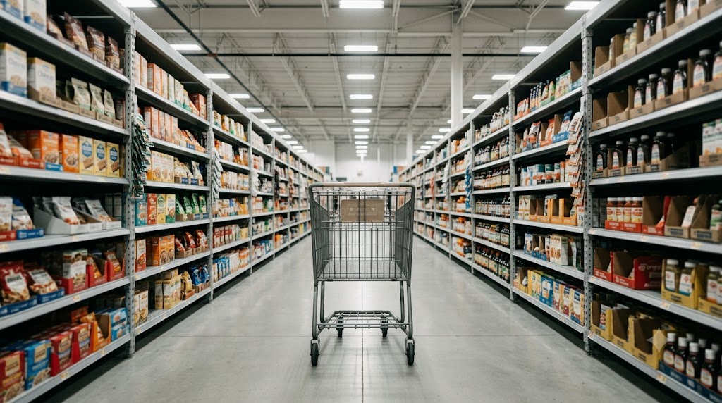 A lone shopping basket in a bright, empty grocery aisle