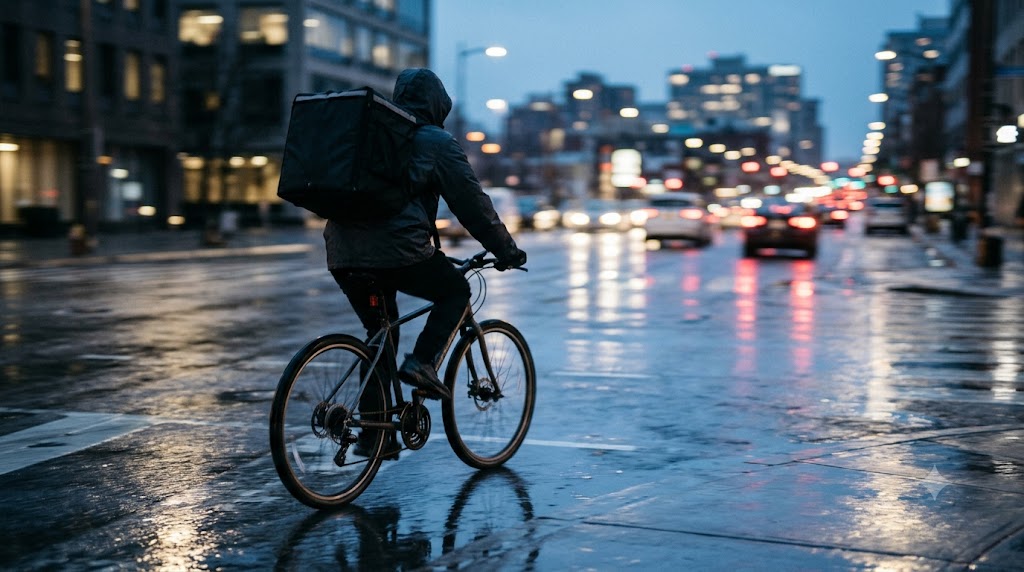 A rain-slicked city crossing at night, umbrellas and delivery traffic under the neon