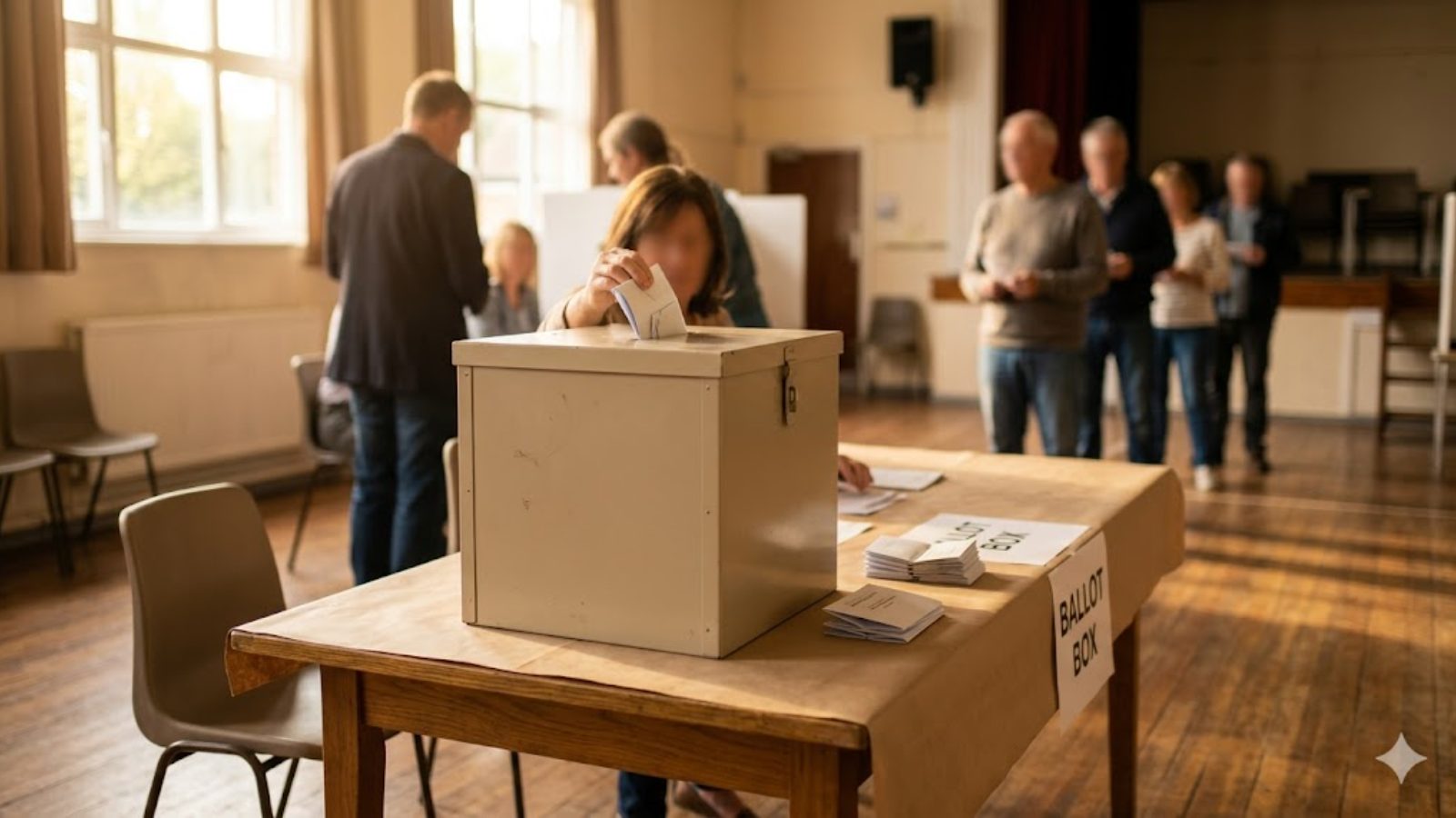 A civic polling setting with a ballot box in warm afternoon light.