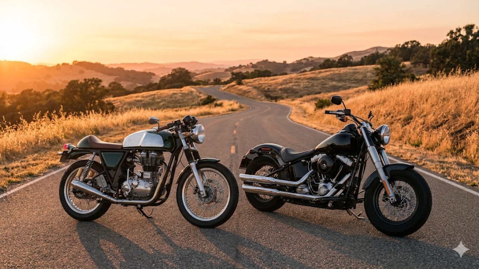 Two classic motorcycles parked side by side on an open road at golden hour.