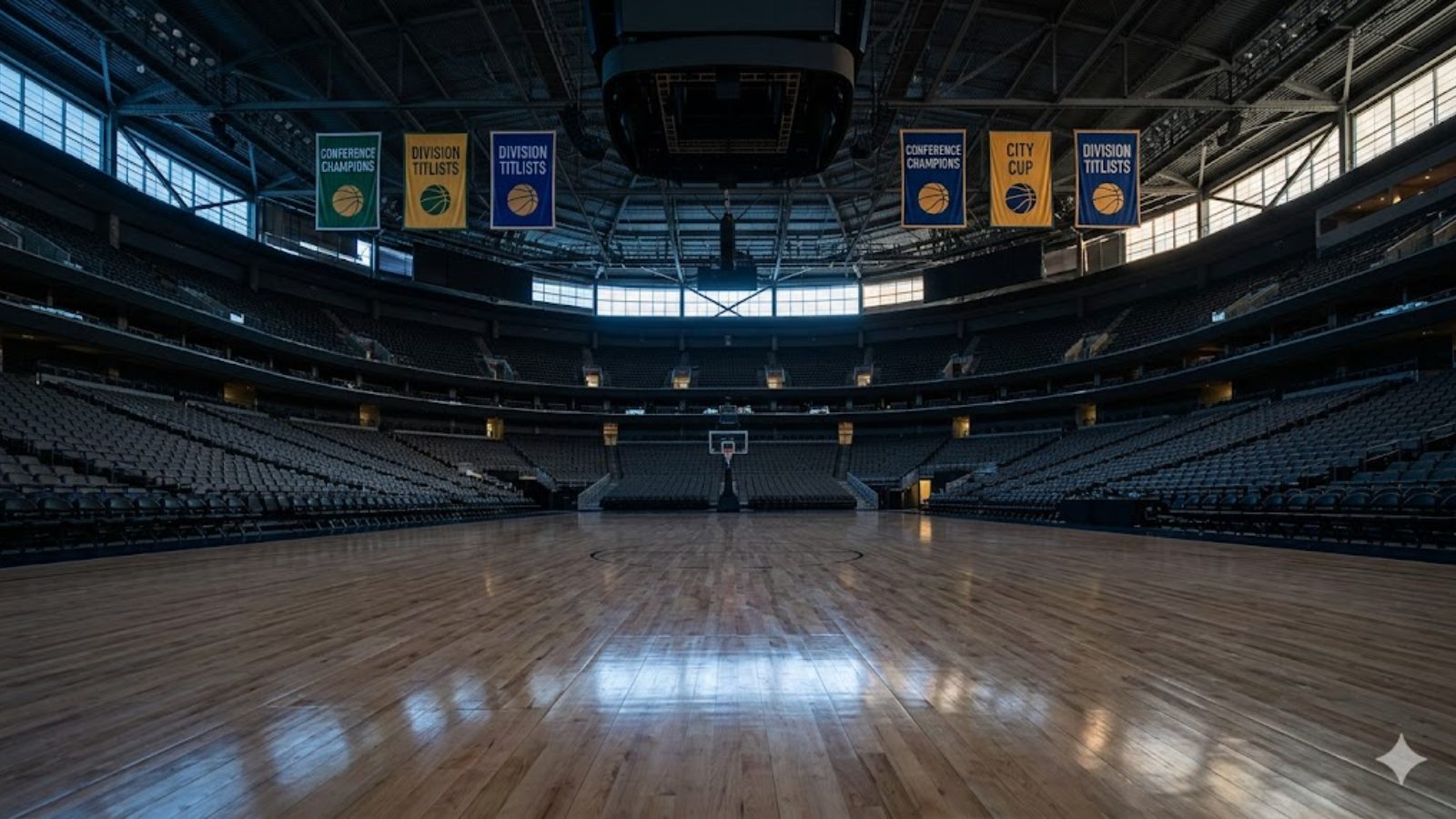 An empty arena lit at dusk with championship banners overhead.
