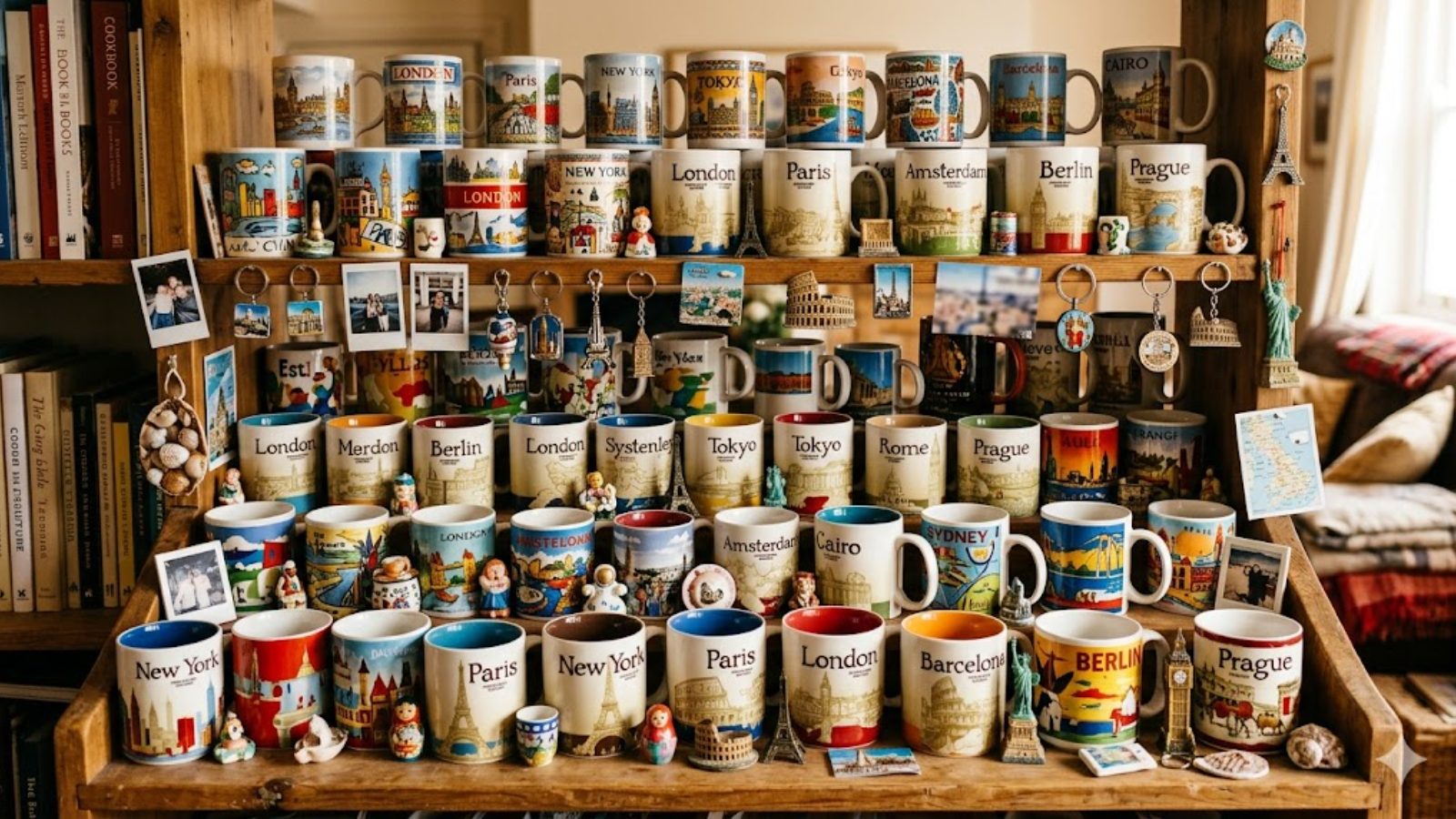 A shelf of colorful city-name coffee mugs and travel trinkets.