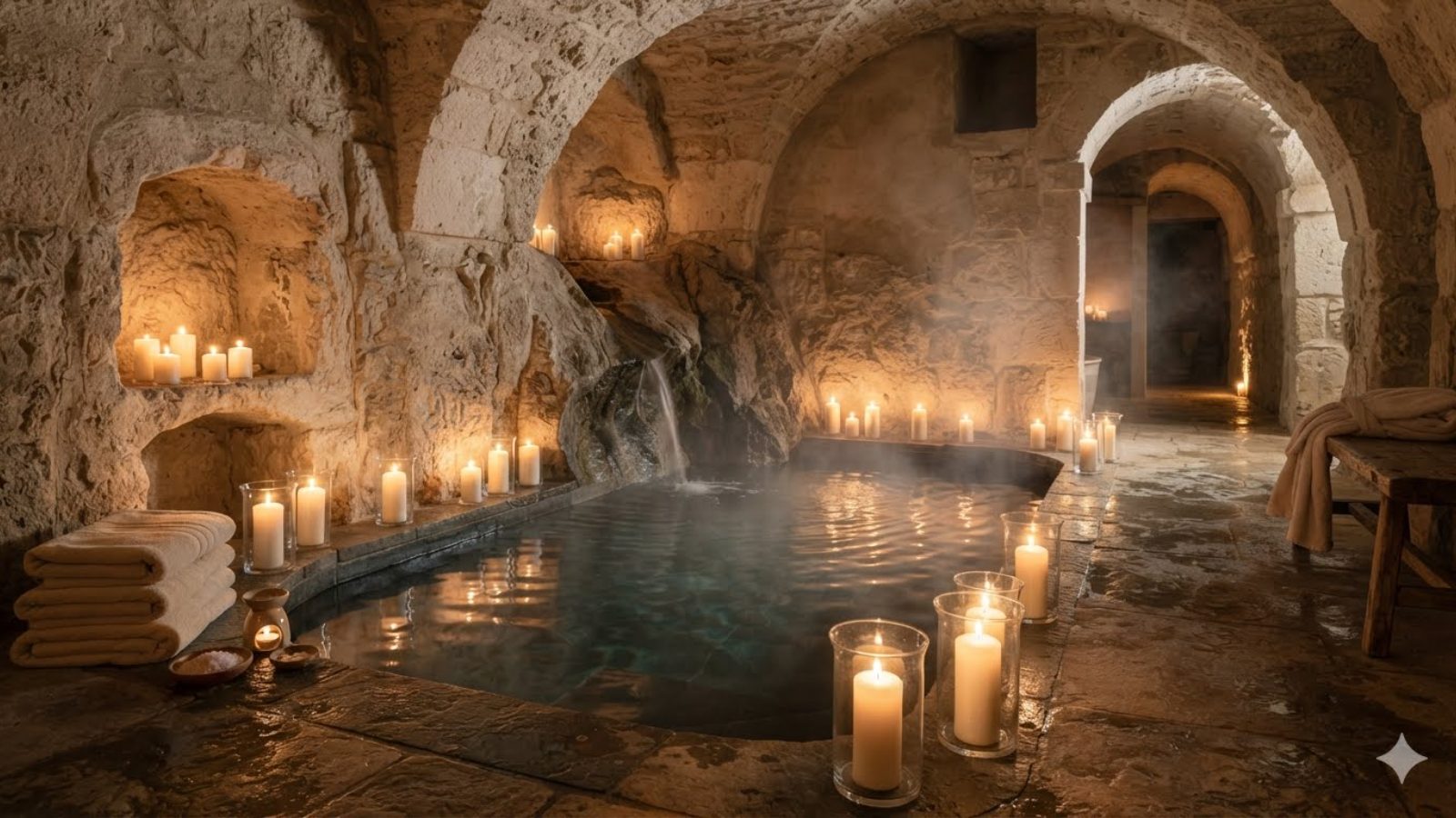 A serene candle-lit spa pool in a softly lit subterranean room.