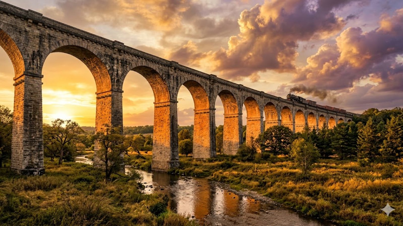 A vintage railroad viaduct beneath a dramatic sky, industrial-age grandeur.