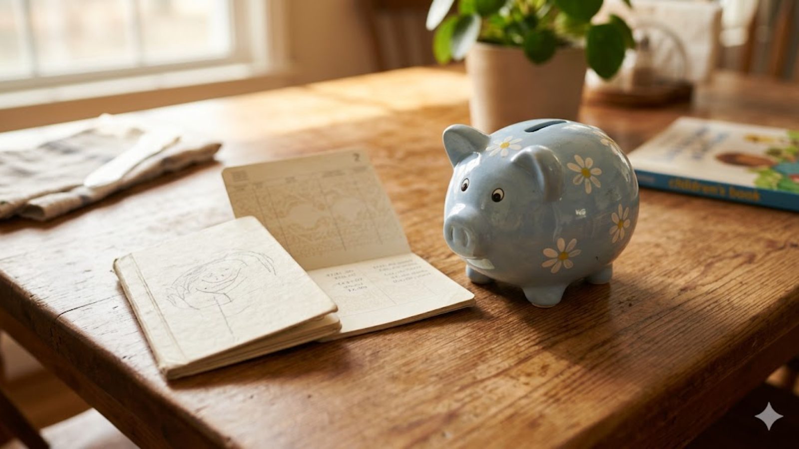 A child's savings passbook and a piggy bank on a sunlit table.