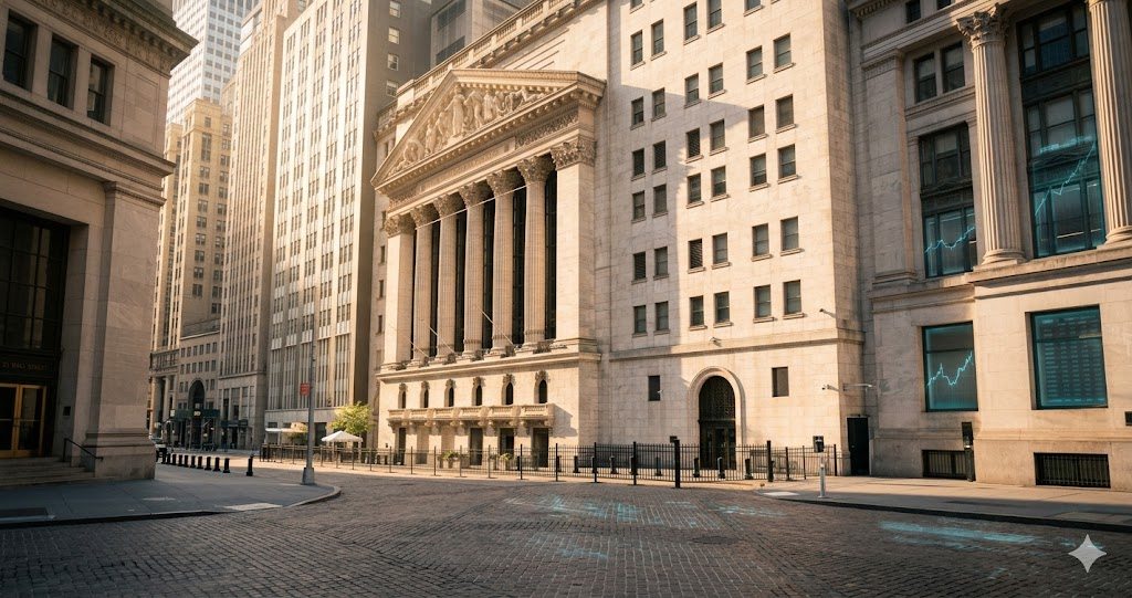 The New York Stock Exchange at dawn — a calm record run.