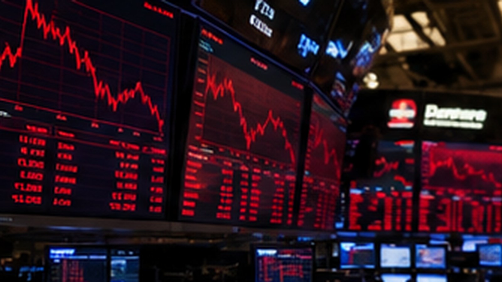 A trading floor at the close of a sharply lower session, red screens reflecting a risk-off day.