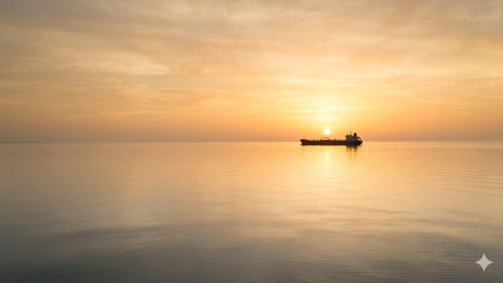 A calm shipping strait at sunrise as a Gulf cease-fire takes hold