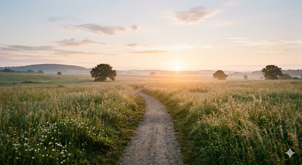 A gravel path running through golden fields toward the sunrise