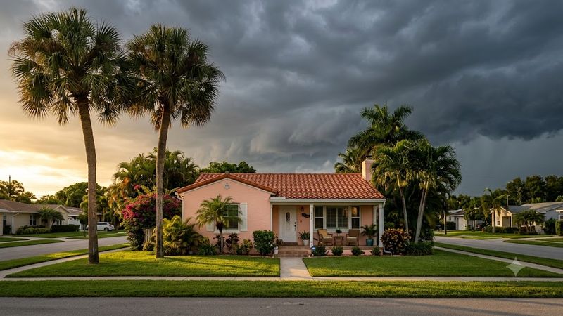 A house under a dark storm sky, lawn and palms still lit by sun