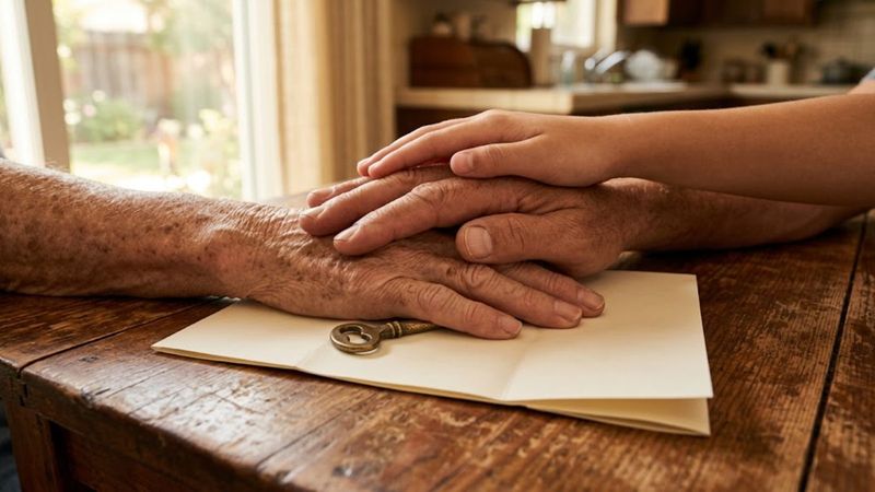 One hand resting on another over an envelope
