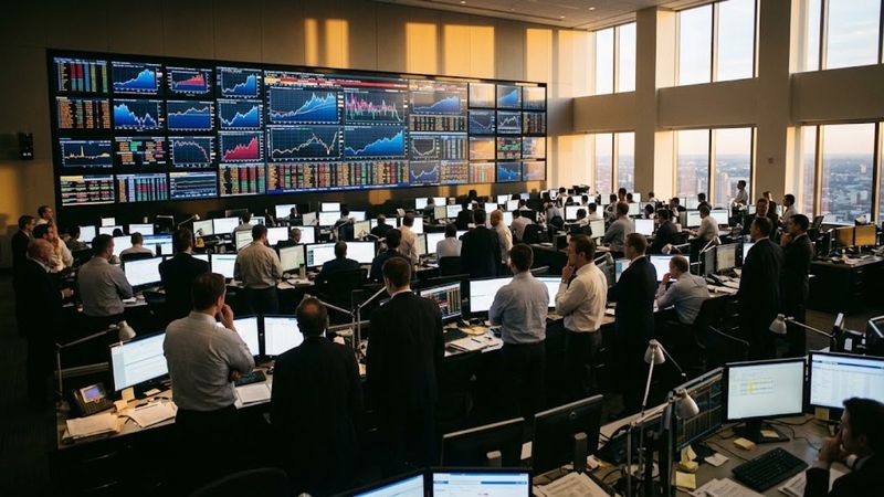 A trading floor under a wall of market screens