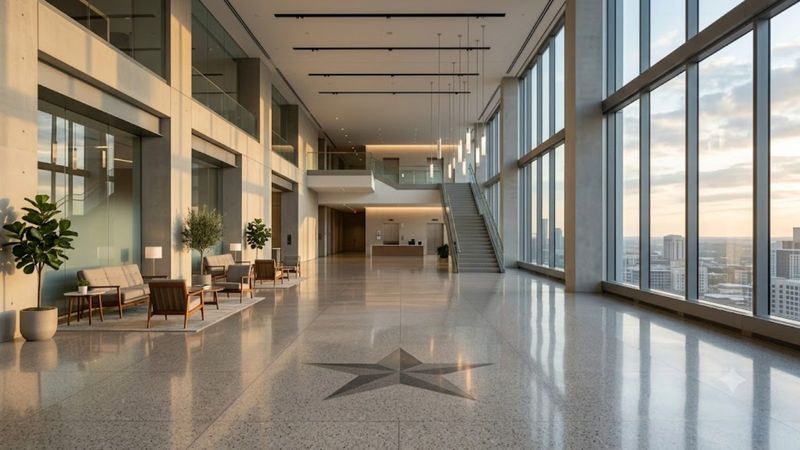 The empty trading hall of a stock exchange at sunrise