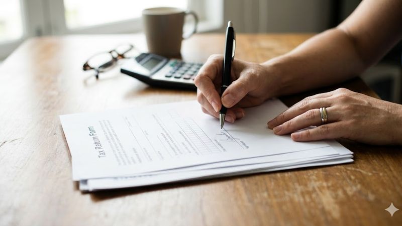 A hand signing a contract at a wooden desk