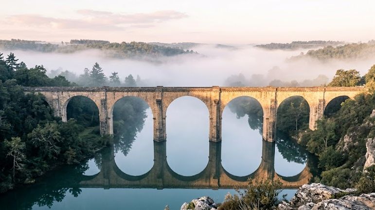 A stone viaduct of many arches standing over a still river in morning fog