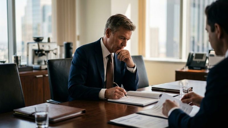 Two partners reviewing papers across a desk
